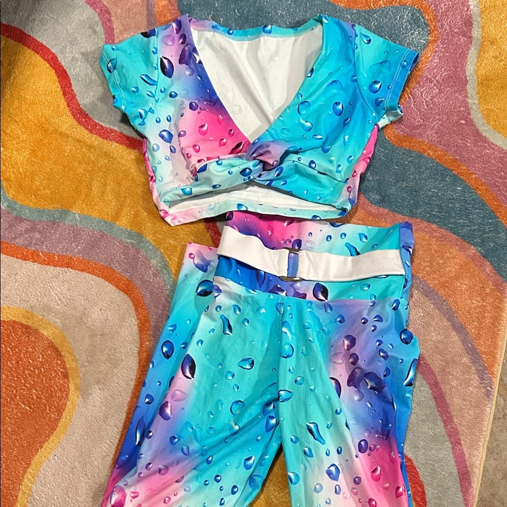 Water Droplet Print Crop Top and Leggings Workout Set